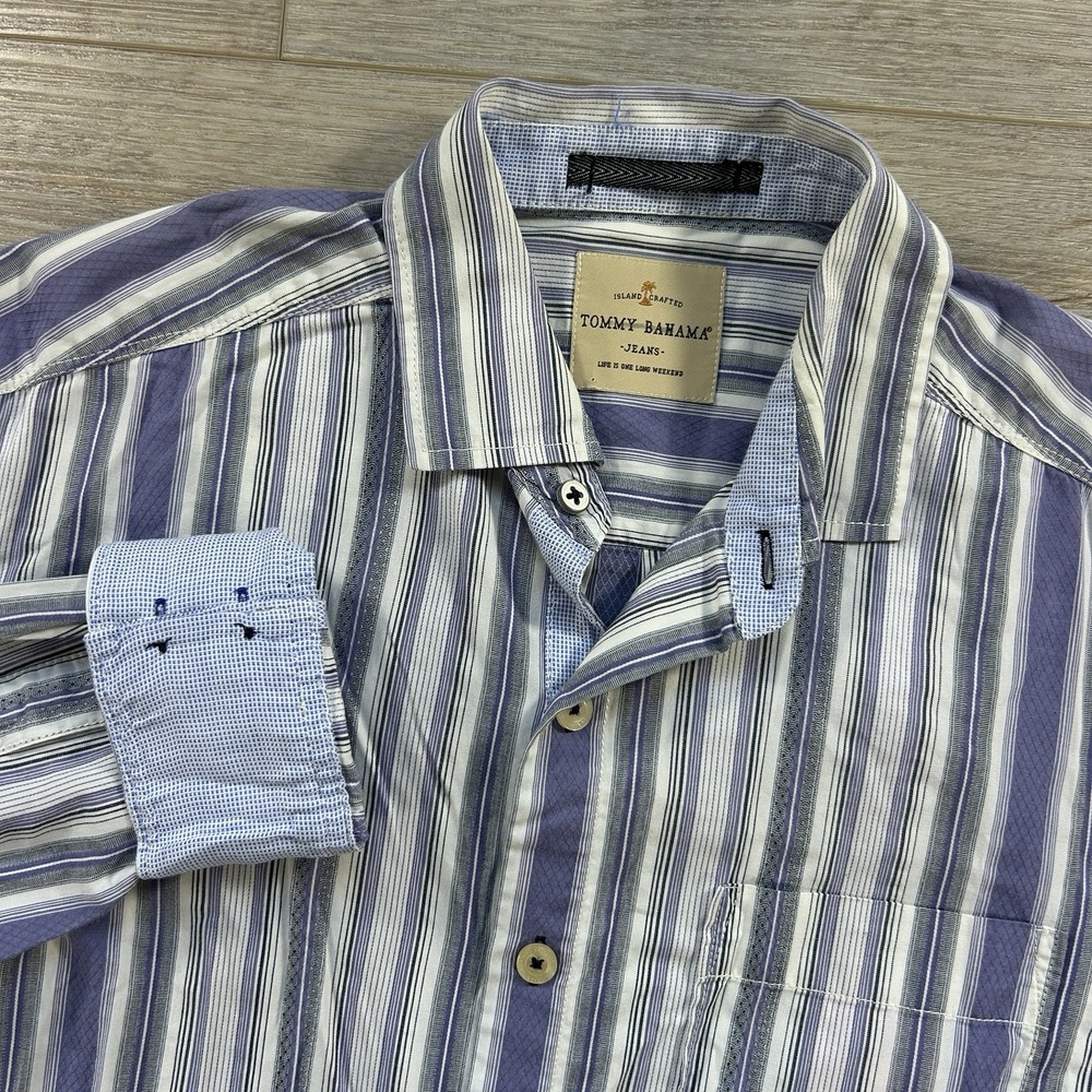 Tommy Bahama Shirt Small Button Down Long Sleeve Flip Cuff Blue Gray Stripes